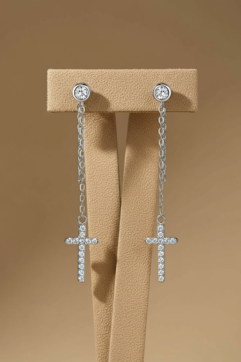 silver cross moissanite earrings