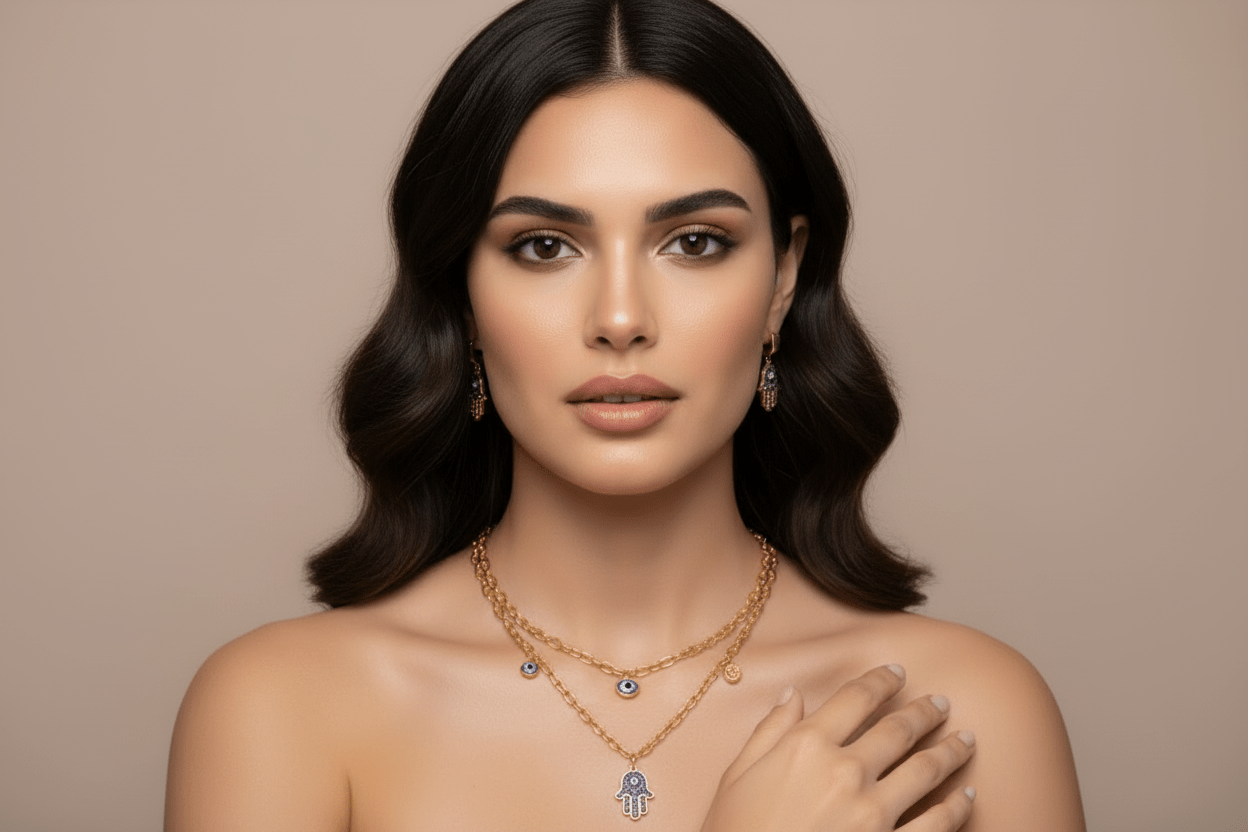 Gold jewelry set with Hamsa hand and evil eye charms 