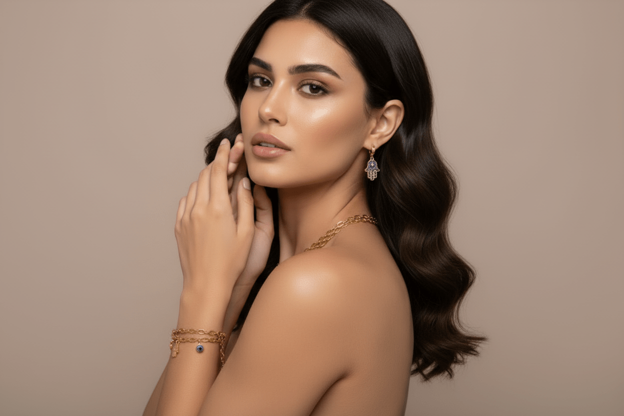 Gold jewelry set with Hamsa hand and evil eye charms 