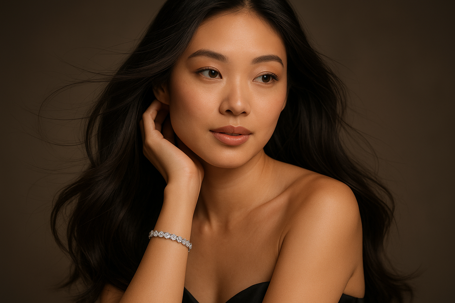 long hair asian woman wearing silver diamond bracelet 