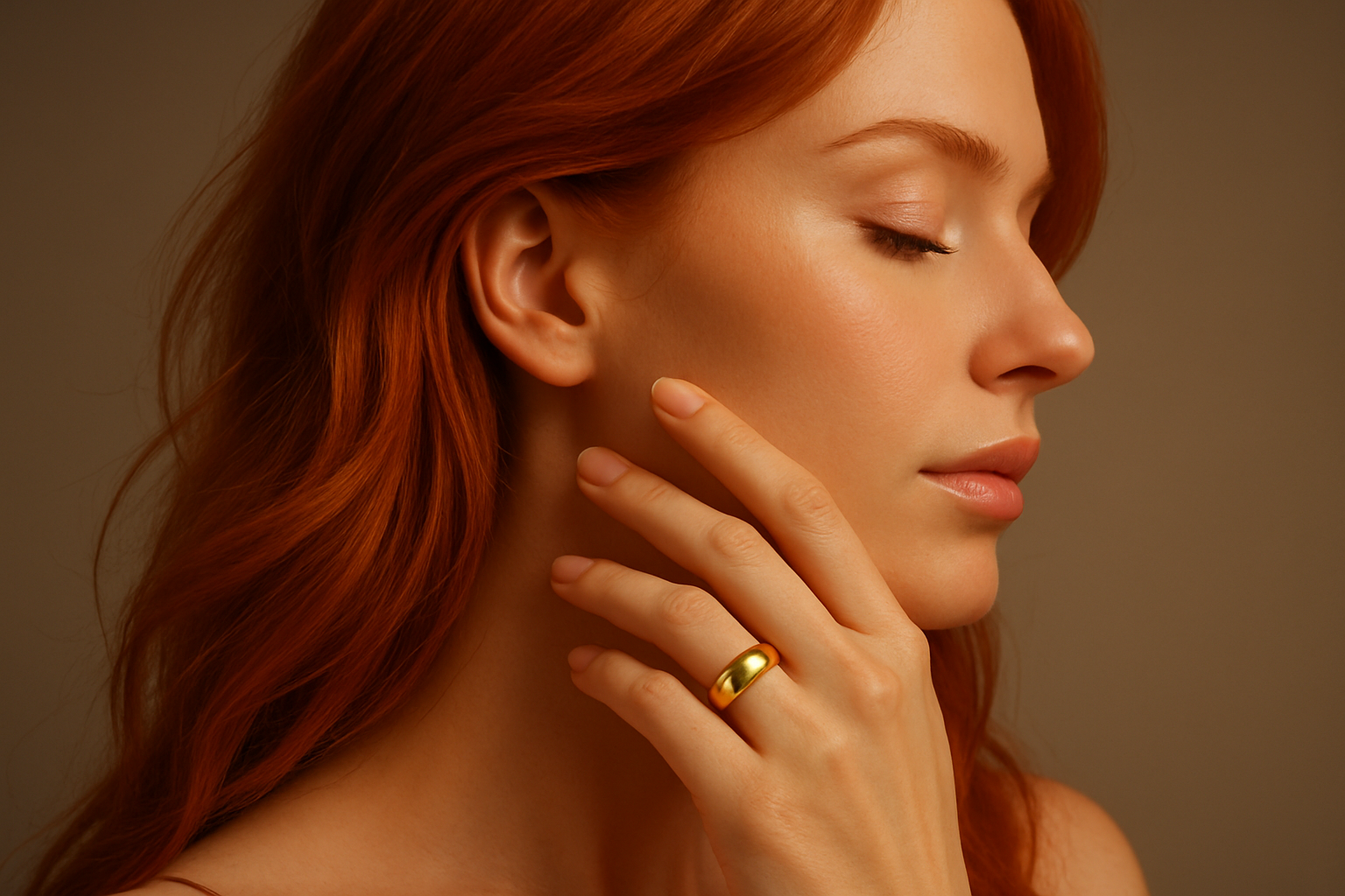 red hair woman wearing gold ring side view