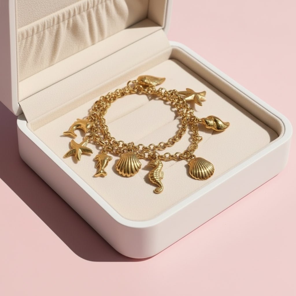 Gold charm bracelet with starfish, shell, and moon